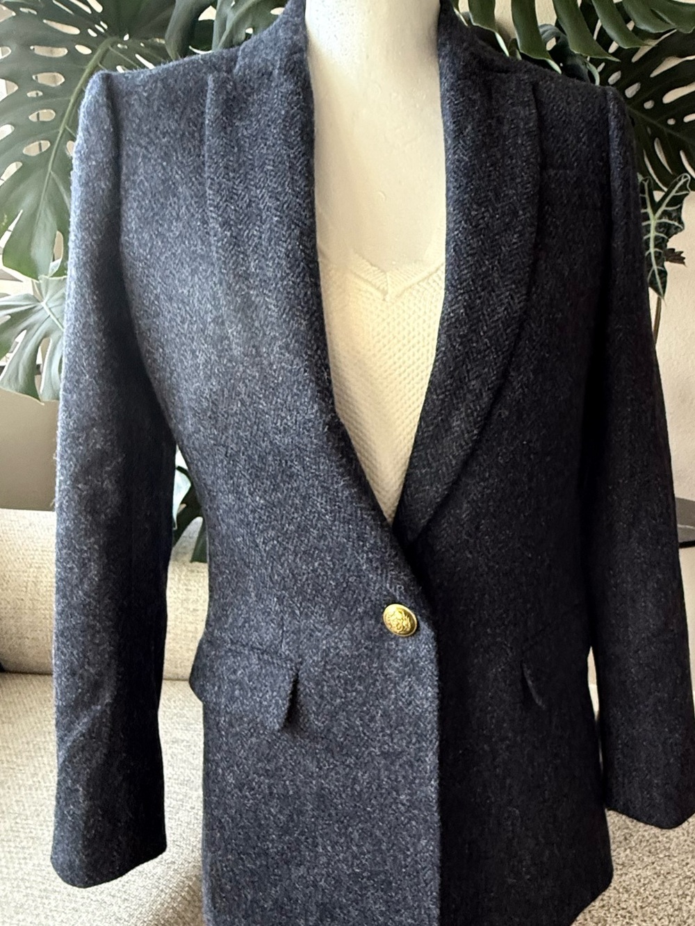 J. Crew Moon Women's heathered Charcoal Navy Wool Blend Blazer with Gold Button